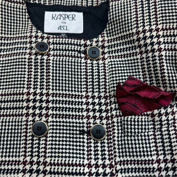 Kasper For ASL Black Houndstooth Blazer Jacket Size 12 Wool Blend Lined Padded - Picture 5 of 10